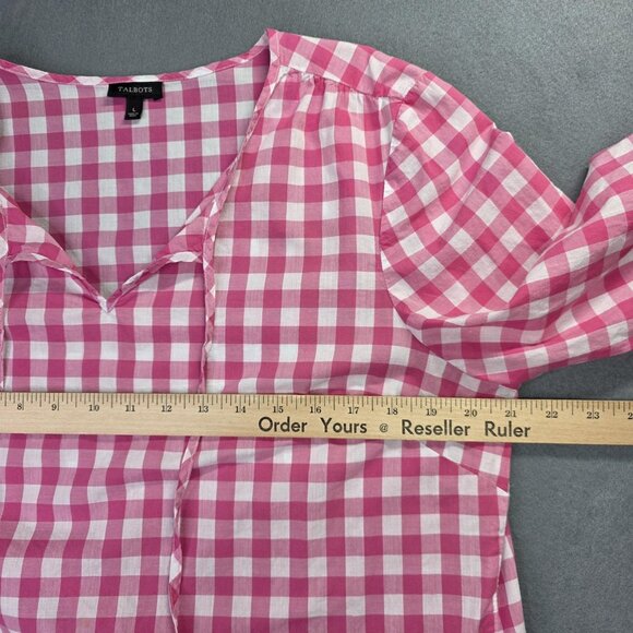 Talbots Shirt Womens L Pink White Gingham Check Tunic Cotton 3/4 Sl Peasant Boho - Picture 7 of 11